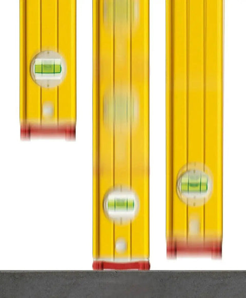 Three yellow levels with vials, part of the 72-Inch Builder's Level with a rugged reinforced aluminum frame delivers accurate framing.