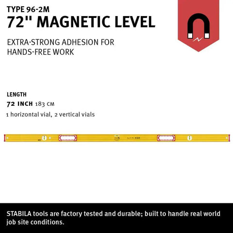 Stabila Type 96M 72 Inch Magnetic Level delivers pro grade framing accuracy at 0.029 degrees with rare earth magnets shown horizontally.