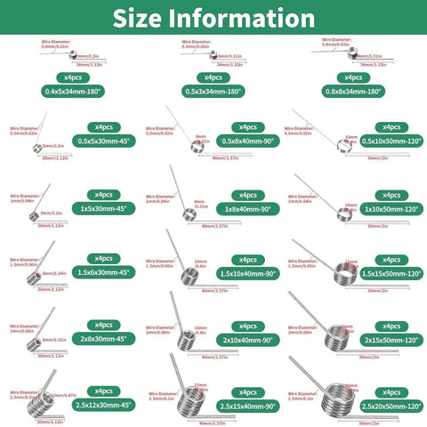 Image showing size information for the 72 Piece Stainless Steel Torsion Spring Set in a Sturdy Case, 18 Sizes Covering 45 90 120 and 180 Degree 6 Laps