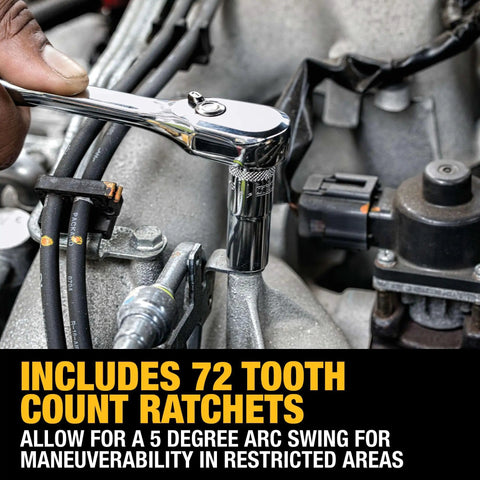 Mechanic using the Durable 247-Piece Mechanic Tool Set With One Quarter, Three Eighths, And One Half Inch Drives in engine repair