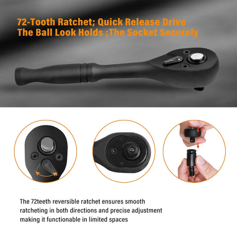 72 tooth ratchet from the 52 Piece One Quarter Inch Drive Impact Socket Set With 72 Tooth Ratchet And Adapters LLNDEI Chrome Vanadium Steel Sockets CR-V Metric And SAE Storage Kit For At Home Auto Repair DIY Projects