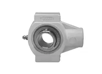 Front view of 1-1/2 in Stainless Steel Take-Up Unit with Set Screw Lock, RF Double-Lip Contact Seal, White Polymer Housing, Open/Close Covers