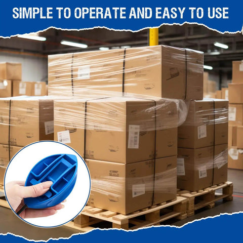 Packed pallets in warehouse with 74 Inch Flexible Pallet Strap Feeder for half to three quarter inch polyethylene strapping.