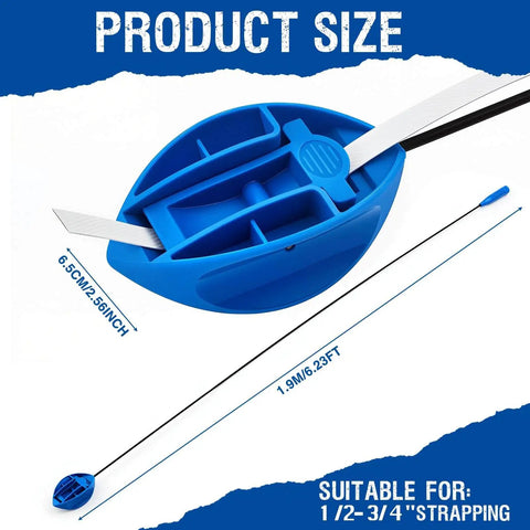 74 Inch Flexible Pallet Strap Feeder For Half To Three Quarter Inch Polyethylene Strapping With Stick Guide Through Pallets The Workhorse For Quick Pack Jobs In Warehousing And Logistics, shown with product dimensions