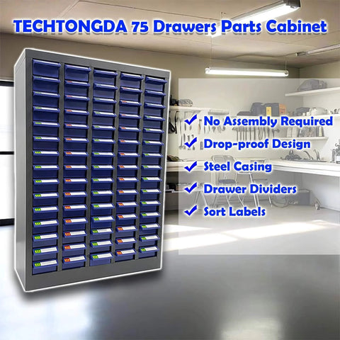Bolt and Nut Tool Storage Cabinet 75 Drawers Parts Cabinet in garage setting with dividers and labels, steel casing
