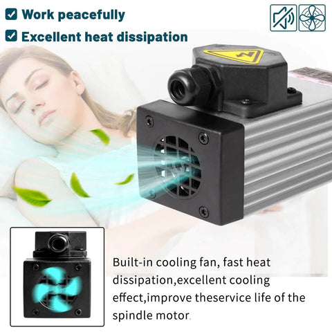 Beefy 750W 220V square air cooled ER11 spindle motor with cooling fan and text highlighting heat dissipation benefits