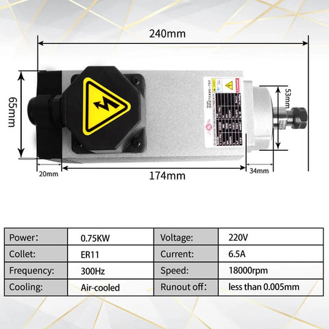Top view of Beefy 750W 220V Square Air Cooled ER11 Spindle Motor 18000 RPM With 4 Bearings 3 Phase 400Hz showing dimensions and specs