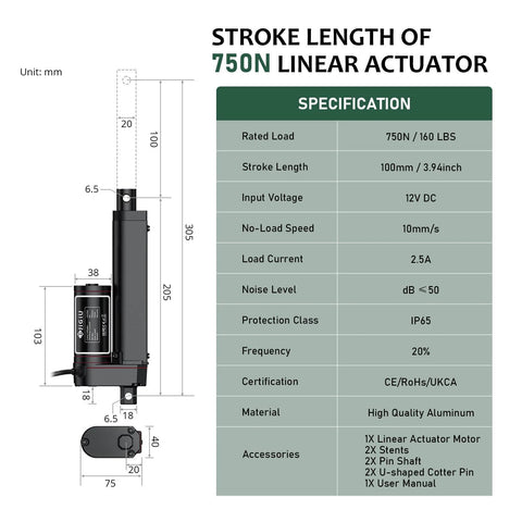 JiGiU 12V heavy-duty linear actuator, black, 100 mm stroke, 165 lb load with mounting brackets
