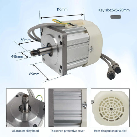 750W Permanent Magnet Brushless Servo Motor Max Speed 6500rpm/min with Servo Motor Speed Controller for Woodworking Machine/Lathe/Drilling and Tapping Machine/Reducer/Belt Sander (110V) showing dimensions and components like aluminum alloy head and heat dissipation air outlet.