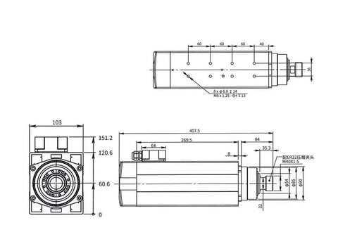 Technical diagram of 7.5KW Square Air Cooled Spindle Motor for CNC Machines, showing dimensions and component layout