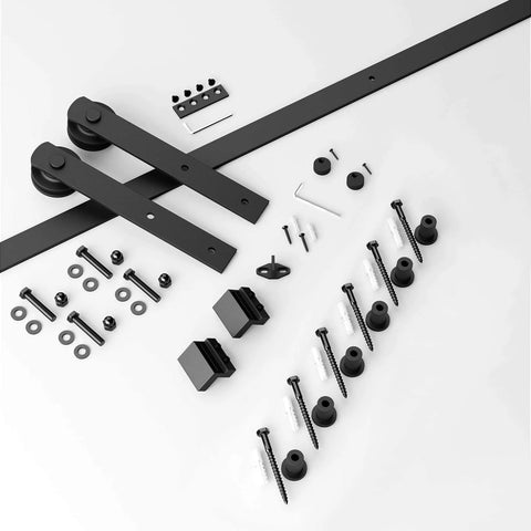 7.5ft Barn Door Hardware Kit with I shape hanger, carbon steel sliding track, nylon rollers, installation components spread out.