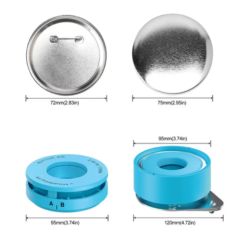 Components of 75mm 3 Inch Badge Maker Kit With 86mm Circle Cutter And Pad for DIY Badges, showing molds and tin badge blanks in blue and silver.