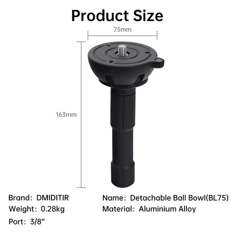75mm Bowl Adapter With Half Ball Mount For Tripod Fluid Head Conversion, aluminum, 3/8 inch port, 163mm height, black design