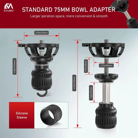 75mm Bowl Adapter With Retractable Handle And Aluminum Alloy Half Ball Leveling Base Three Eighths Inch Mounting Screw Level Bubble And Gravity Hook For Tripods Ball Heads And Fluid Heads Premium Anodized Finish, front and side view with measurements