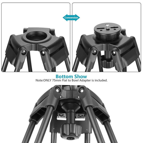 75mm Bowl To Flat Converter Adapter With Three Eighths Inch Screw Mount For Tripods And Fluid Heads, shown in use on tripod.