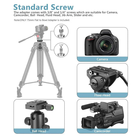 Tripod and camera setup with 75mm bowl to flat converter adapter, including fluid head and camcorder compatibility details.