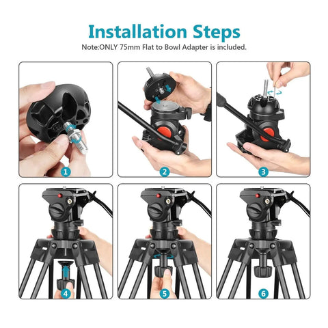 Installation steps for 75mm Bowl to Flat Converter Adapter with three eighths inch screw mount for tripods, aluminum alloy, detachable.