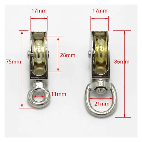 Two zinc alloy pulleys with size labels, left pulley: 75mm for 75mm DIY Mini Metal Sheave Zinc Alloy Fixed Pulley Crown Block and Tackle Lifting Wheel.