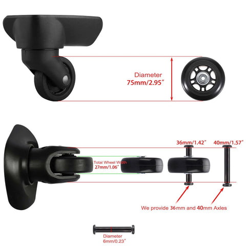 75mm x 23mm Luggage Wheels Replacements Set of 2 Mute Suitcase Replacement Wheels with Black Screws Axles Bearings, showing dimensions and parts