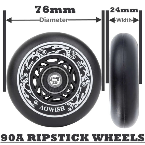 76mm 90a Ripsurf Wheels w/Bearings ABEC-9 for DLX Caster Board, Deluxe Junior Skateboard, side and front view