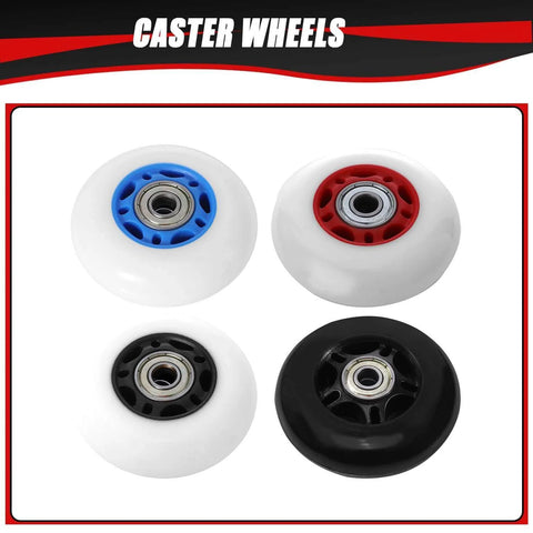 Four caster wheels in black, blue, red, and white variations, 76mm x 24mm, for 360 PowerRider RipRider FlashRider Caster Trike Ripster.