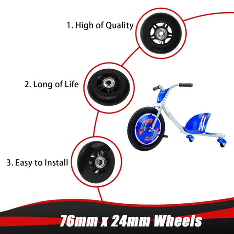 76mm x 24mm Wheels Replacement for 360 PowerRider RipRider features, quality, durability, and installation ease illustrated