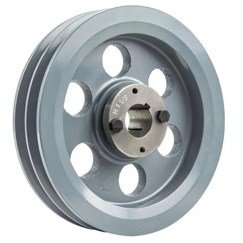 Efficient 7.75 inch dual groove cast iron pulley with a 1-1/8 inch bushing, shown in a side view, featuring two piece construction.