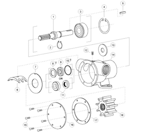 Exploded diagram of 777-9001 Marine Pulley Driven Flexible Impeller Pedestal Mount Pump, showing components like shaft and seal, bronze body