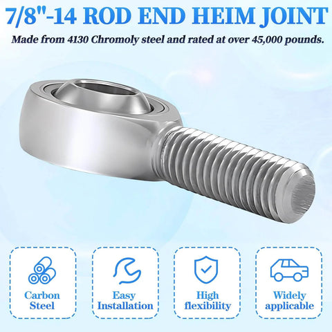 7/8-14 Heim joint rod end kit economy with jam nuts, shown in close-up, highlighting threaded shaft and smooth joint.