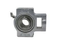 Front view of 1-1/4 in take-up bearing, single; nickel-plated cast iron housing with stainless set screw, relubricatable contact seal.