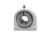 Front view of 1-3/16 in Kanigen Accu-Loc white tapped base pillow block, open cover single row ball insert with concentric collar lock, contact seal.