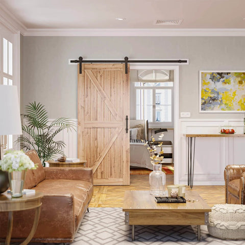 7ft Barn Door Hardware Kit with I shape hanger on a wooden sliding door in a living room, showcasing black sliding door track and steel components.