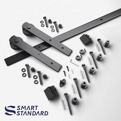 7ft Barn Door Hardware Kit with I shape hanger, black track, carbon steel, nylon rollers, for 42 inch wide doors, installation components.