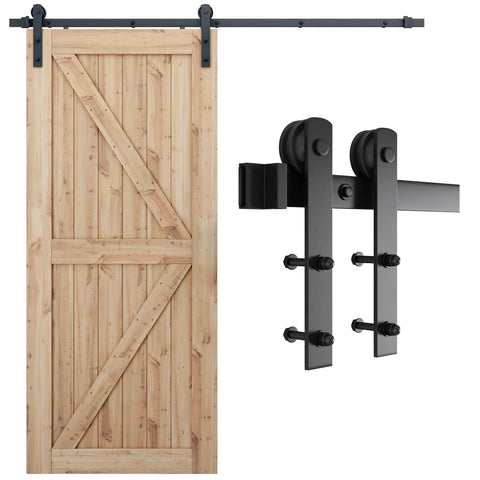 Wooden door with visible 7ft Barn Door Hardware Kit, I shape hanger, black sliding door track, carbon steel, nylon rollers.