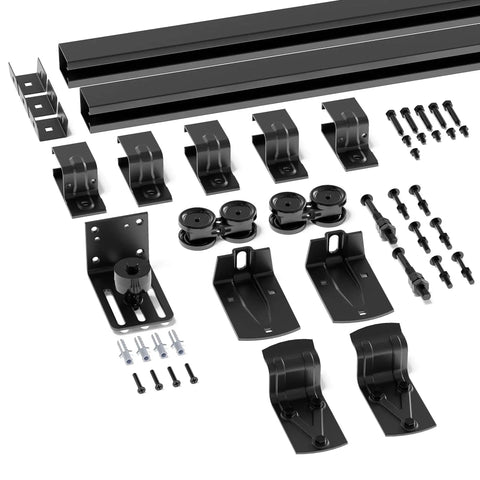 7 Foot Box Rail Barn Door Hardware Kit for exterior and interior doors, including tracks, rollers, brackets, zinc-plated finish.