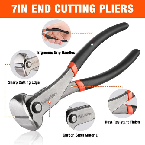 7-inch end cutting pliers with ergonomic grip handles, sharp cutting edge, carbon steel material, and rust resistant finish