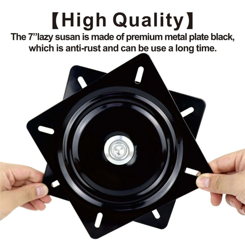 Person holding 2 Pack 7 Inch Square Lazy Susan Turntable Bearings, Heavy Duty Zinc Plated Swivel Hardware in Black for Furniture.
