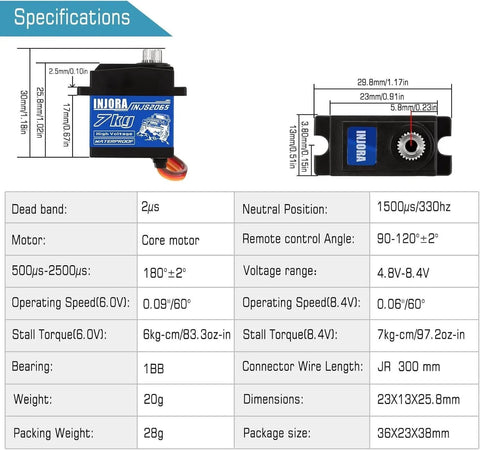 Specifications for 7KG Servo INJS2065 with Mount and Servo Horn for TRX4M TRX4MT 1/18 RC Crawler Upgrade Parts, High Torque Waterproof