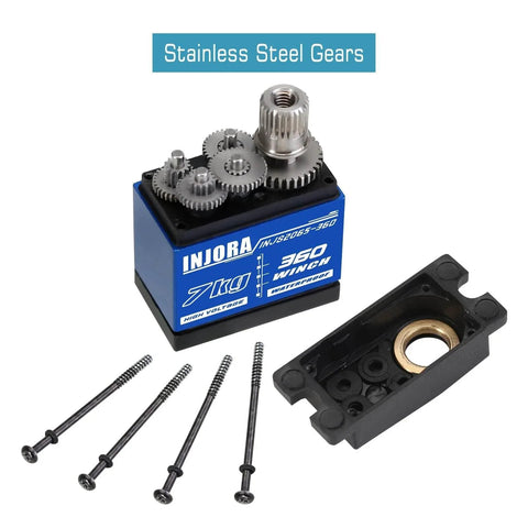 Waterproof 7KG Winch Servo with stainless steel gears for 1/18 TRX4M, showing hardware and casing components, black.