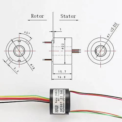 7mm Slip Ring Through Hole With 6 Channel 2A Rating, 50 RPM, 220 VAC DC diagram with gold contacts and colored wires, side view