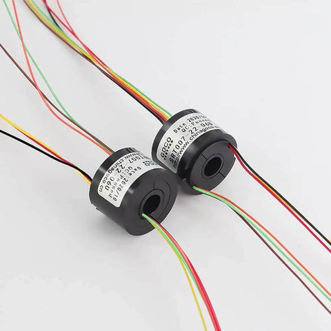 7mm Slip Ring Through Hole With 6 Channel 2A Rating, 50 RPM, 220 VAC DC, gold contacts, AWG16 silver plated Teflon UL wire, 250mm lead
