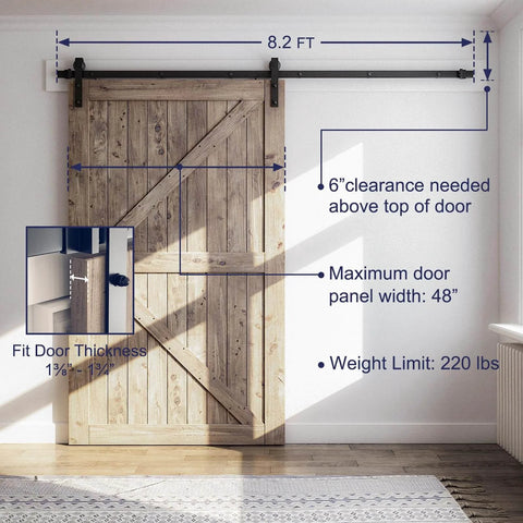 8.2 FT Sliding Barn Door Hardware Kit with J Shape hanger installed, showcasing smooth and quiet track system for 48 inch door in home interior