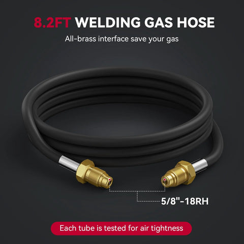 Welding gas hose for Argon/CO2, 8.2 ft, black rubber with brass 5/8-18RH fittings