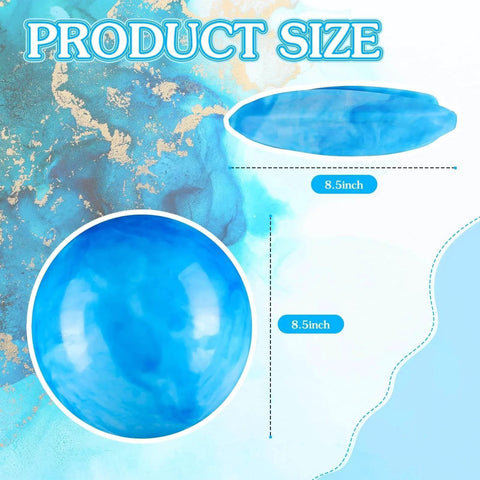 Product size comparison of a blue 2 Pcs 8.5 Inch Large Marbleized Bouncy Ball, inflatable PVC ball for adults, pets, party supplies.