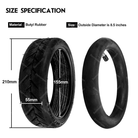 8.5 Inches Electric Scooter Tires 50/75-6.1 Compatible for Gotrax Gxl V2 size specifications showing measurements and material