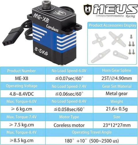 High Torque 8.5KG SCX24 Servo with Mount and Servo Horn for SCX24 1/24 RC Crawler Upgrades Parts (8.5KG), displayed with specs.