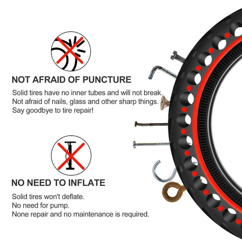 2PCS 8.5x2 inches Solid Tires for Electric Scooter with anti-puncture design and description of benefits, surrounded by nails and screws.
