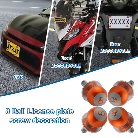8 Ball License Plate Screws and Fasteners Kit for Cars Trucks and Motorcycles Universal Fit Durable Stainless Steel and Aluminum Alloy Bolts Decoration in Bright Orange Color 4 Pack