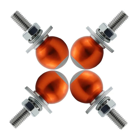 8 Ball License Plate Screws and Fasteners Kit in bright orange aluminum with stainless steel hardware for cars, trucks, and motorcycles, 4 pack.