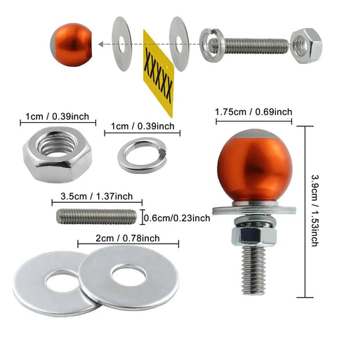 Exploded view of 8 Ball License Plate Screws and Fasteners Kit with dimensions, bright orange aluminum ball and stainless steel components.